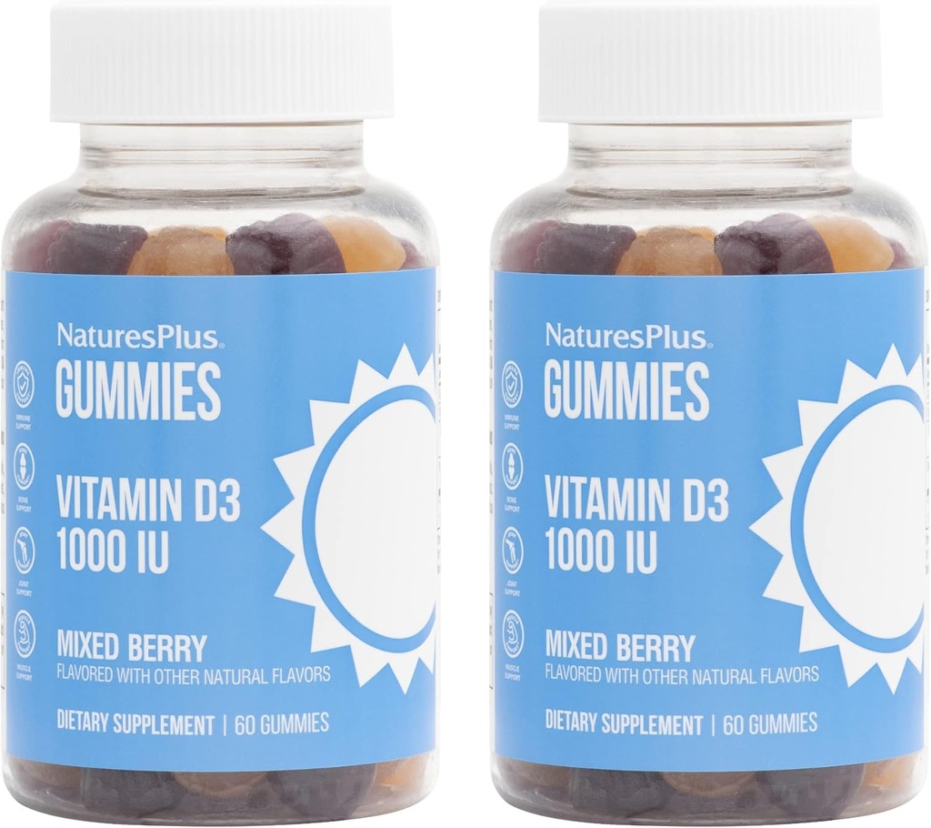 NaturesPlus Gummies ויטמין D3 1000 IU, מעורב ברי - 60 חניכיים, Pack של 2 - מקדם בריאות העצם ותפקוד Immune - טבעוני, Gluten Free, non-GMO - 120 המשרתות הכוללות