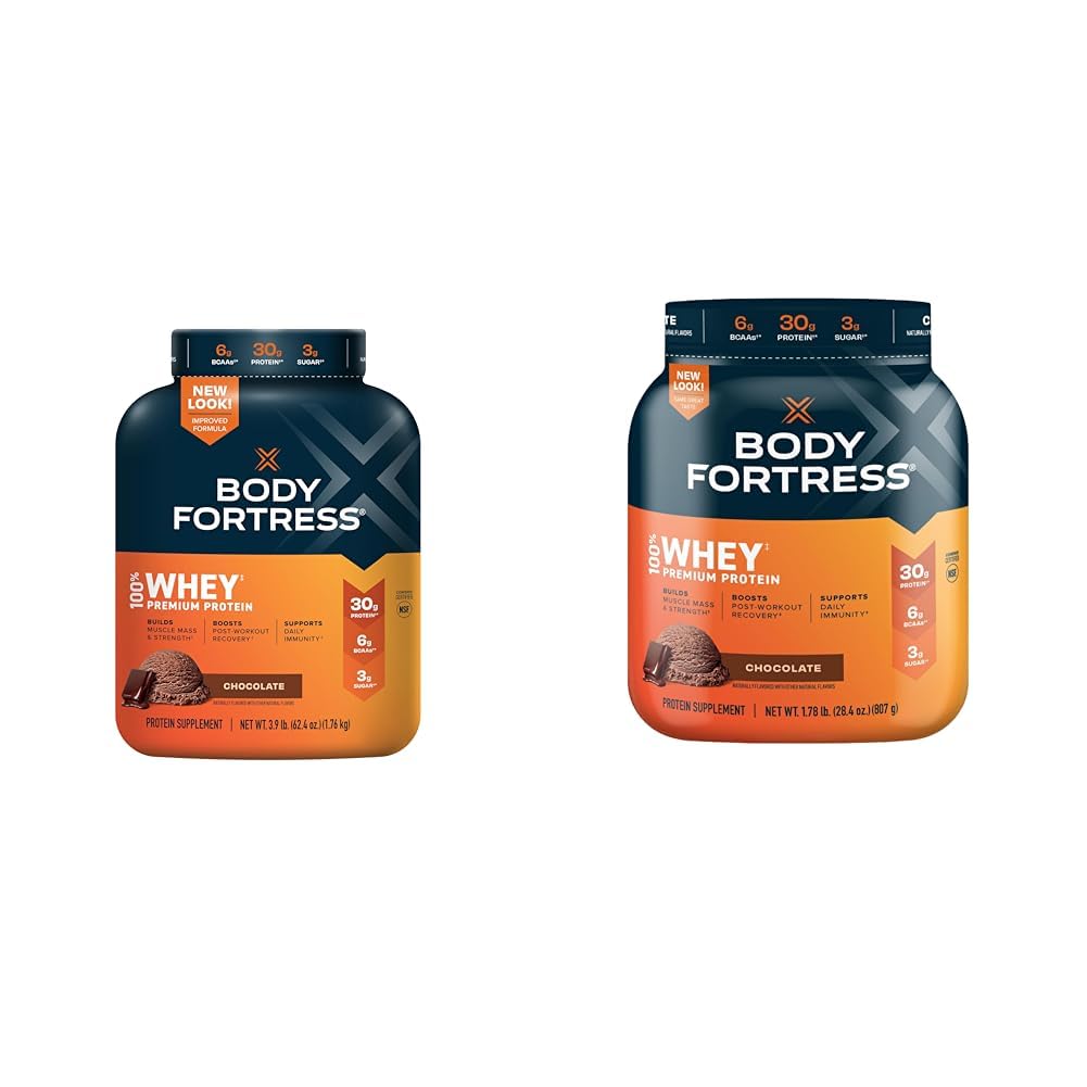 גוף מבצר 100% Whey, אבקת חלבון פרימיום, שוקולד, 3.9lbs (Packaging May Vary) ו-100% Whey, אבקת חלבון פרימיום, שוקולד, 1.78lbs (Packaging May Vary)