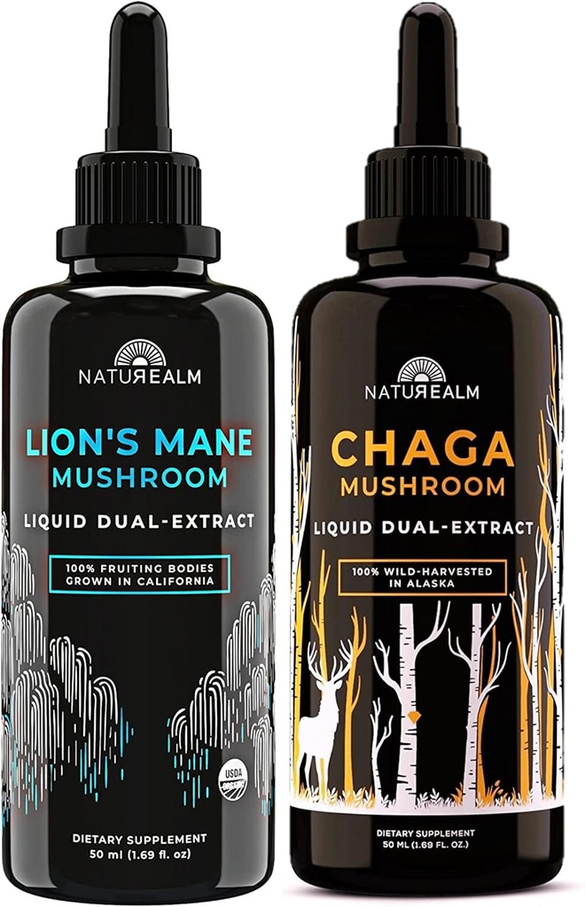 Naturealm Lion's Mane & Chaga Mushroom - Fitogen Stack for Focus, Immunity, Longevity, Stress Relief, Gut Health, Anti-Aging, Energy & More - נוזל אורגני טיפות - 50 mL כל חבילה