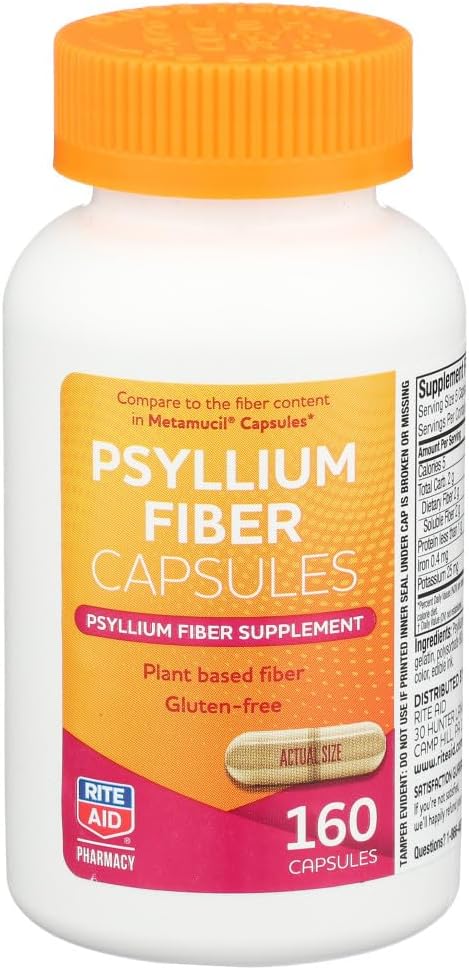 Rite Aid Psyllium סיבים קפסולות, 160 הרוזן, Psyllium סיבים, | Constipation Relief | 100% Natural Psyllium Husk סיבים | Helps Recovery