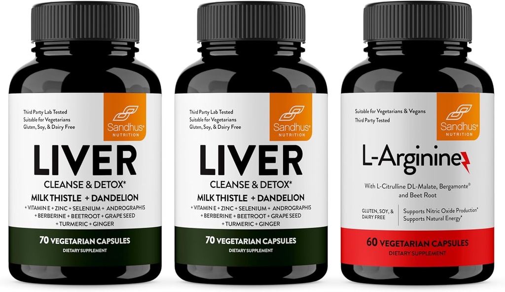 Liver של Sandhu's Liver Renewse & L-Arginine עם Nitric Oxide Precursor קפסולות | תמיכה ב- Immune, Digestive Health, Energy and Healthy Circulation