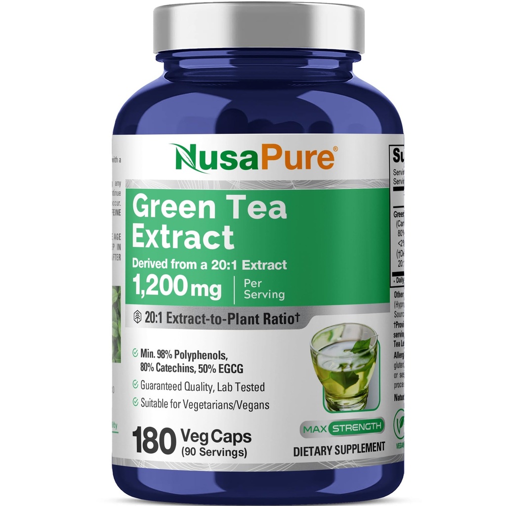 NusaPure Green Tea 20:1 לחלץ, 1200 מ"ג שווה ל 24000 מ"ג, 180 קפסולות טבעוניות, 50% EGCG, 98% פוליפנולים, 80% Catechins