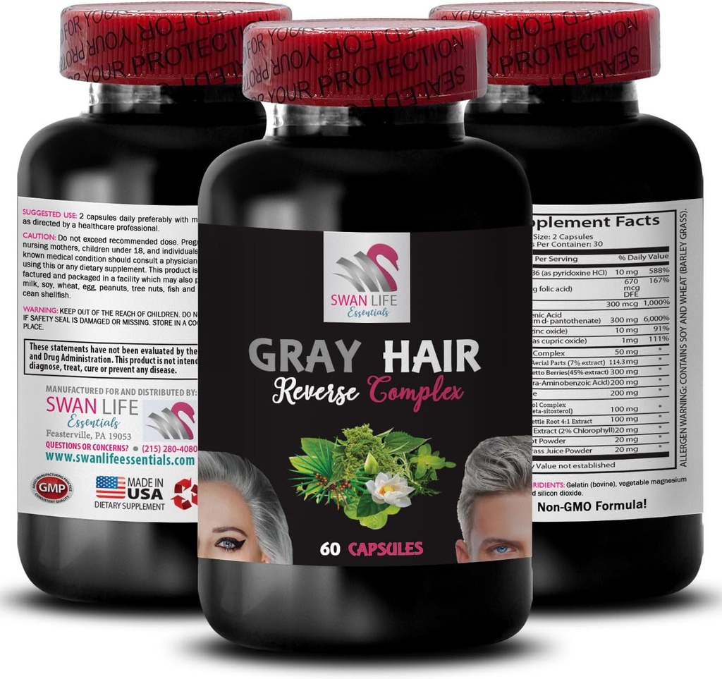 Biotin - Gray HAIR REVERSE - חלקי אוויר סוס, תחיית צבע שיער, שיער צעיר, צבע שיער טבעי, שיקום שיער, פיגמנטציה שיער, שיפור צבע, לשחזר 1 בקבוק 60 קפסולות