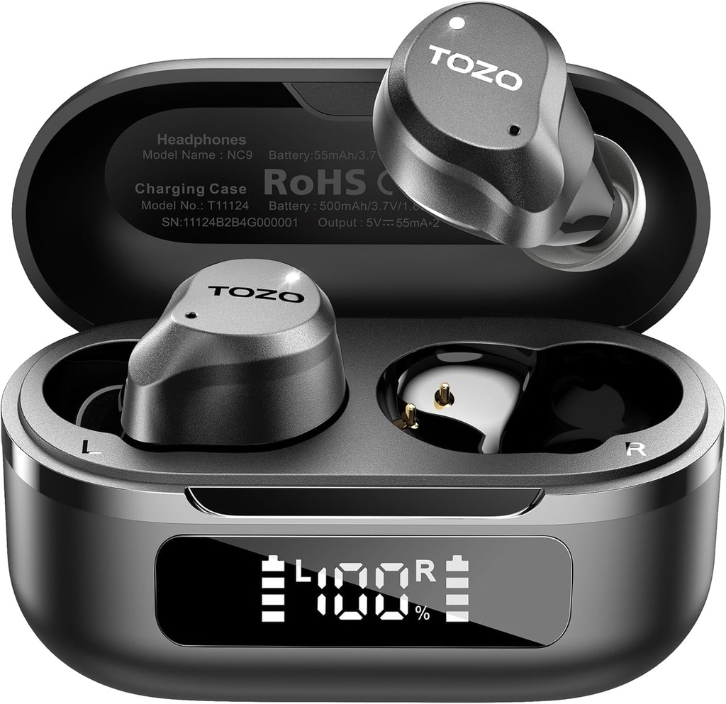ToZO NC9 Active Noise בוטלה עם אוזניות אלחוטיות, 6 Mics ENC Clear Call, IPX8 מים עמידים, ב- 5.3 אוזניות Stereo Bass Ear Buds 59H משחק עם LED Display 32 EQs באמצעות APP
