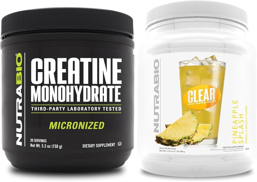 NutraBio Creatine Monohydrate, Unflavored, (150 גרם) ו Clear Whey חלבונים Isolate, (Pineapple Splash) תוסף Bundle - שריר אנרגיה, צמיחה מקסימלית, התאוששות וכוח