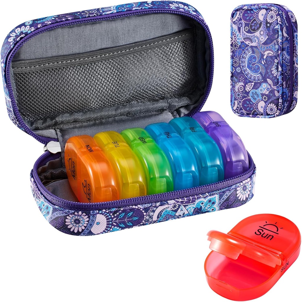 Serfeymi Travel Pill Productionser 2 Times A Day AM PM שדרג את תיבת הכדור של Rainbow Pill 7 Day עם Portable Zipper PU PU PU PU PU שיער, מארגנת תרופות עבור גלולות, ויטמינים, שמן דגים - Purple-01-01