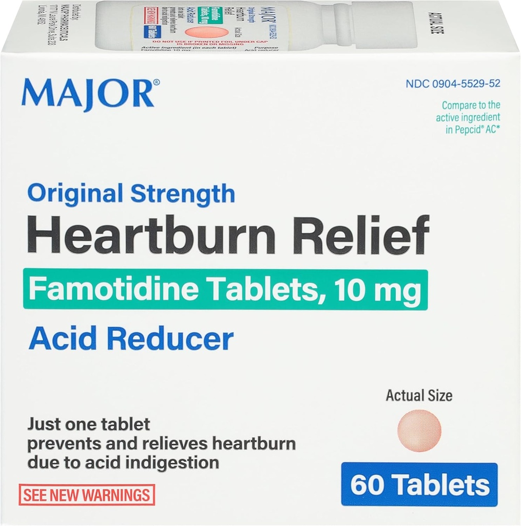 גדול גדול כוח הלבבורן הקלה - טבליות Famotidine, 10 מ"ג - Acid מופחתr - 60 טבליות