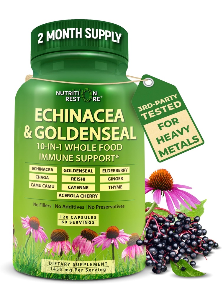 Echinacea Goldenseal כמוסות - 10 ב 1 Immune תמיכה תוסף - 1455 מ"ג - טבעוני Echinacea קפסולות תוספת עשוי עם מזון אורגני שלם - תמיכה של מערכת החיסון שלה - 2 חודשים אספקה