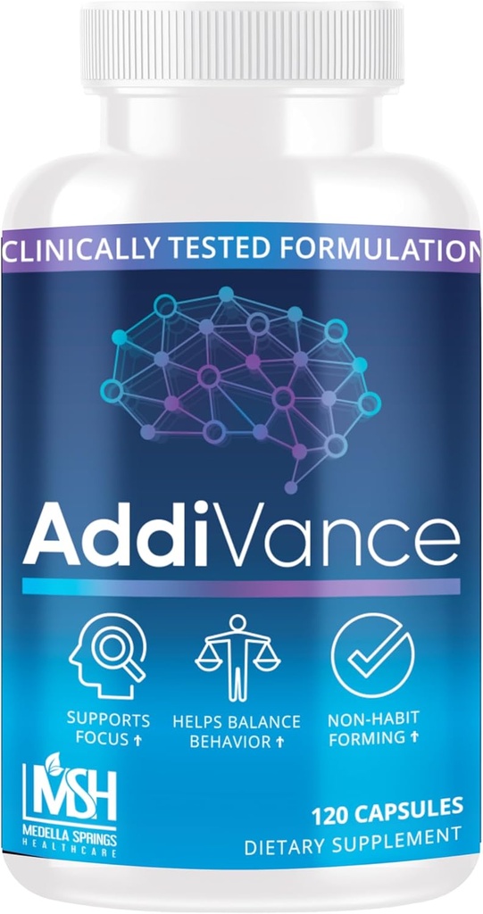 AddiVance 120 Caps - Natural Brain Support Supplement for Enhanced Focus, Memory, and Balanced Behavior - Clinically Proven non-Habit Forming Brain Supplement - פורמולה על ידי אנשי מקצוע רפואיים