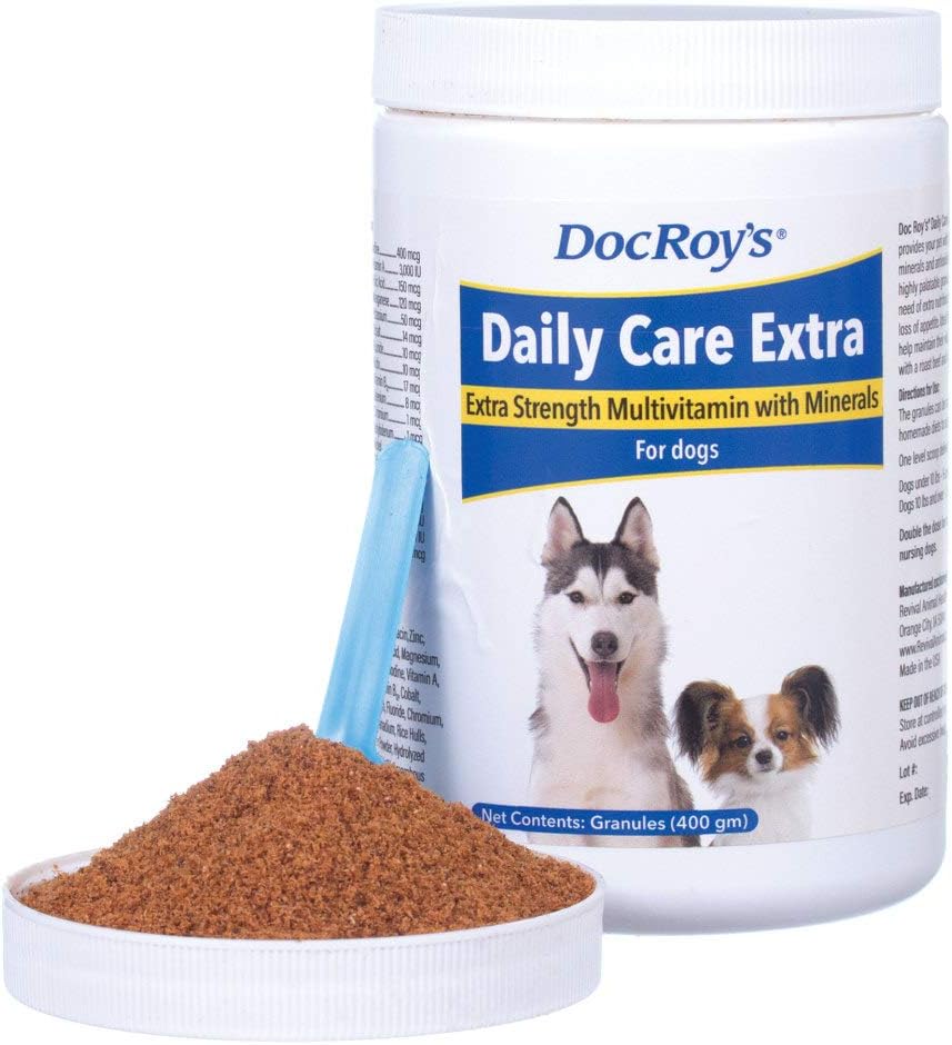 Doc Roy's Daily Care Extra, Advanced Multivitamin for Dogs, Supports Energy, Immune, שריר, עצם ובריאות המוח, מספק ויטמינים A C D3 E B Complex, Iron Zinc Magnesium Iodine, שנעשה בארה"ב 400 gm.