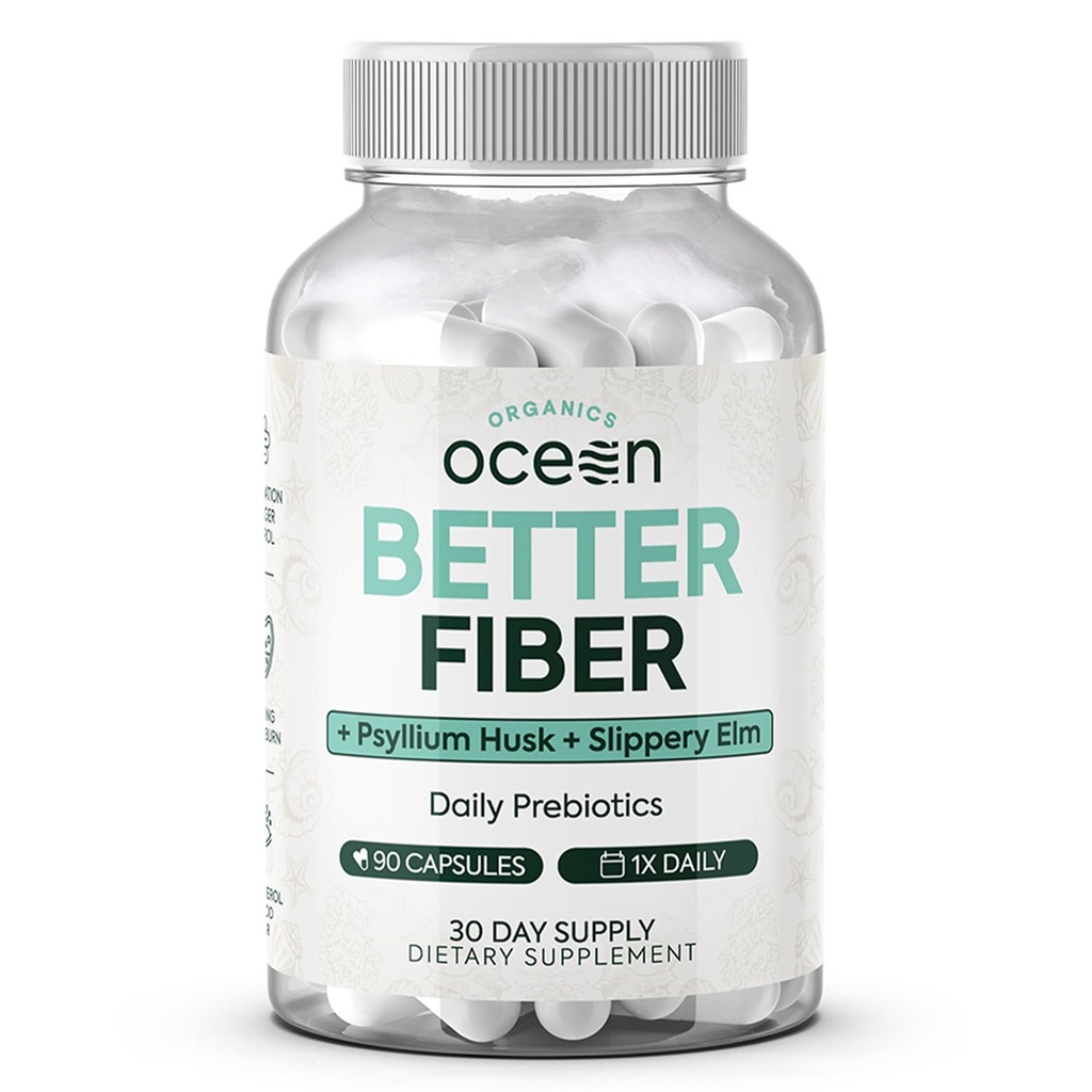 Organics Ocean Better סיבים - Daily Fiber - Soften Stool for Effortless Bowel Movements - with Psyllium Hulk & Slippery Elm - 90 קפסולות
