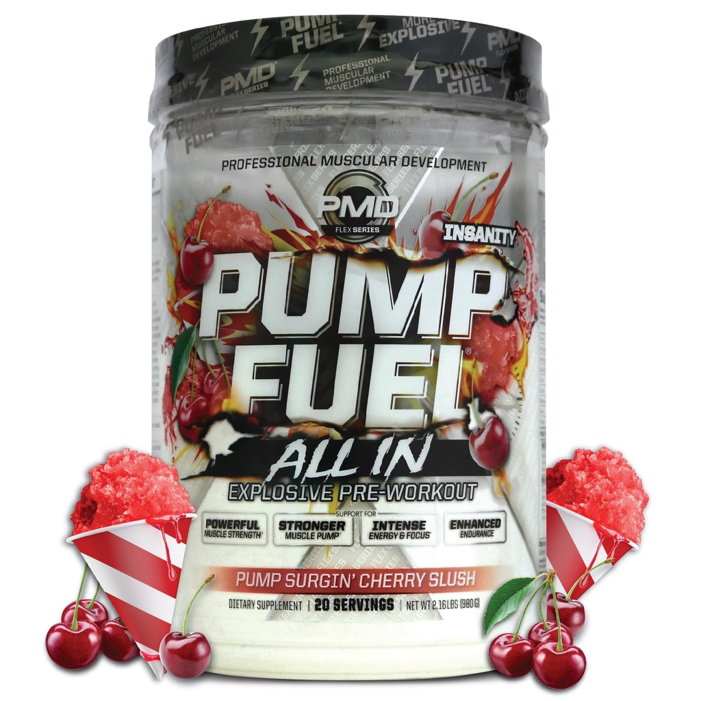 PMD ספורט משאבת דלק All Insanity, Ultimate Pre Workout אבקת ושומן שרירים, אנרגיה כוח מקסימלית, Focus, Endurance & Recovery, Creatine & Beta Alanine, Pump Surgin' Cherry Slush, 20 משרתים