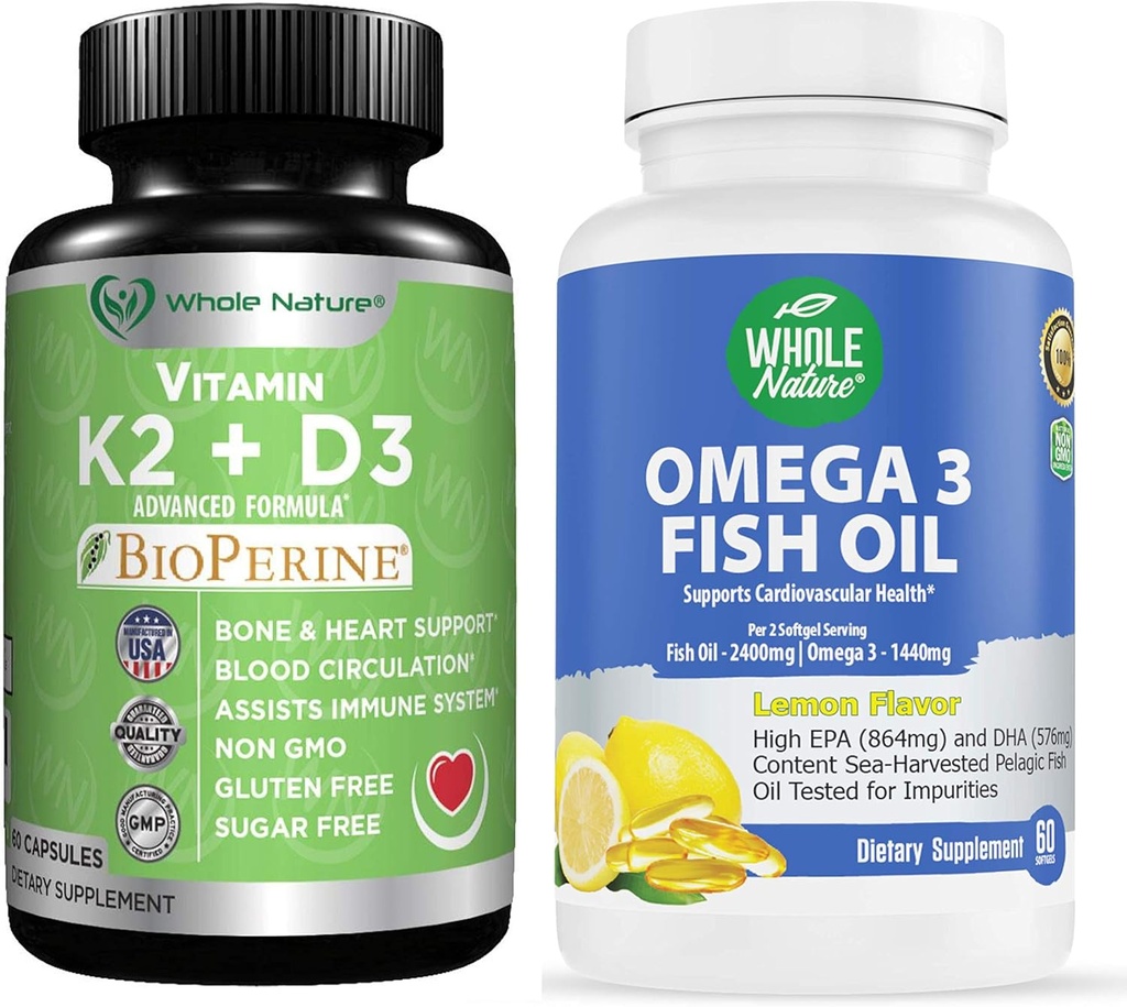 K2+D3 עם Bioperine Plus Calcium אומגה 3 שמן דגים הם היעיל ביותר יחד כדי לתמוך בבריאות הלב והעצמות, מפרקים ומוח