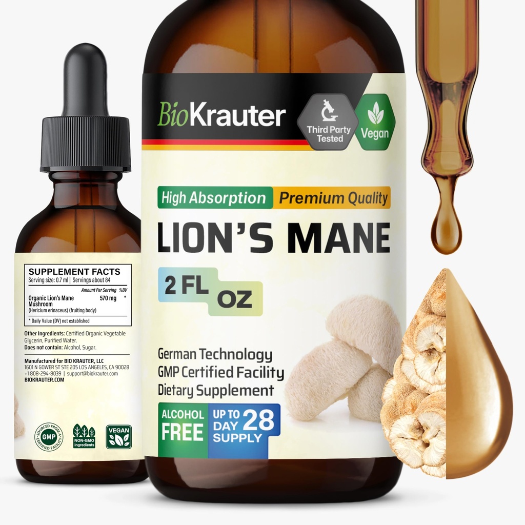 BIO KRAUTER Lions Mane Liquid Extracts - תוספת Mushroom לתמיכה במוח - טבעוני אריה מאנה תוספת - אלכוהול & סוכר טיפות חינם - 2 Fl.Oz.