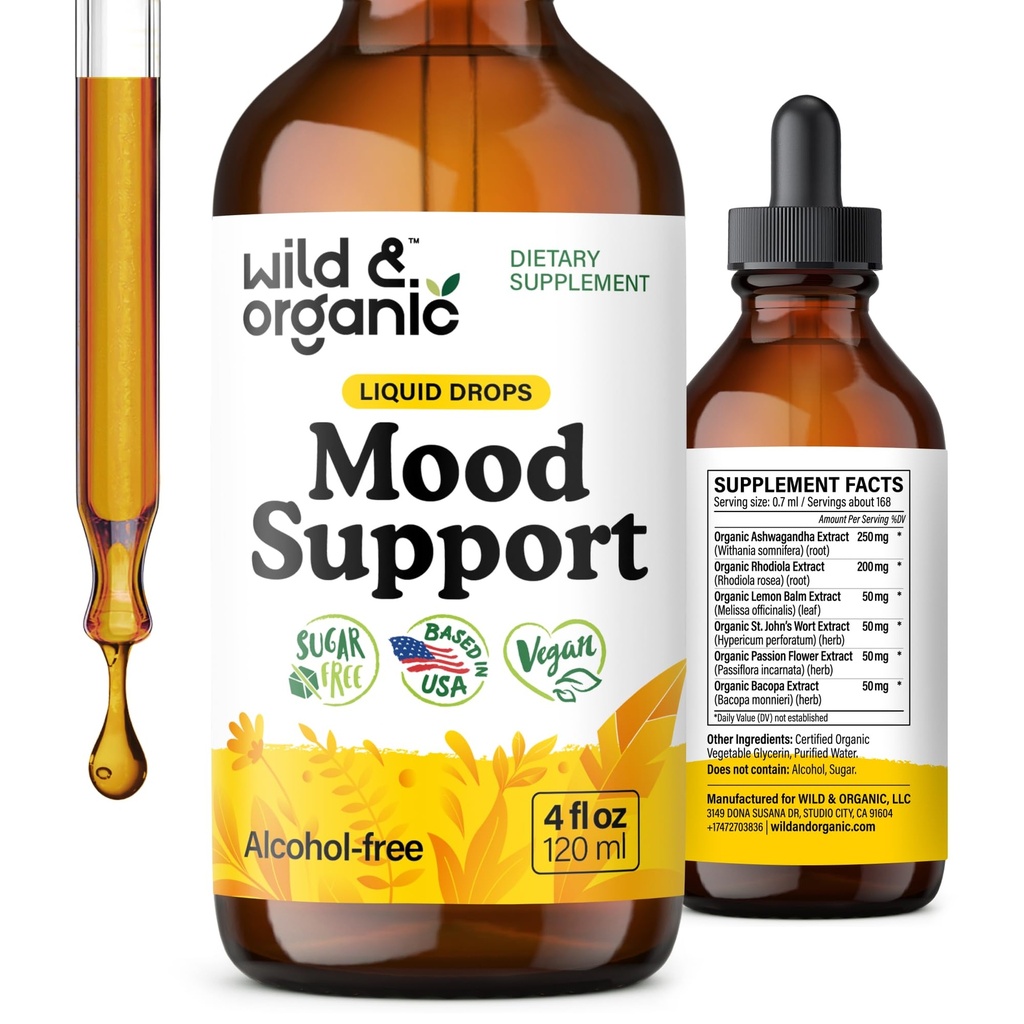 Wild & Organic Mood תומך תוסף - טיפות נוזליות טבעיות לאנרגיה חיובית - Calm Mind Supplement for Women and Men - Non-Alcohol Ashwagandha & Rhodiola Rosea Root Tincture for Good Mood - 4 oz