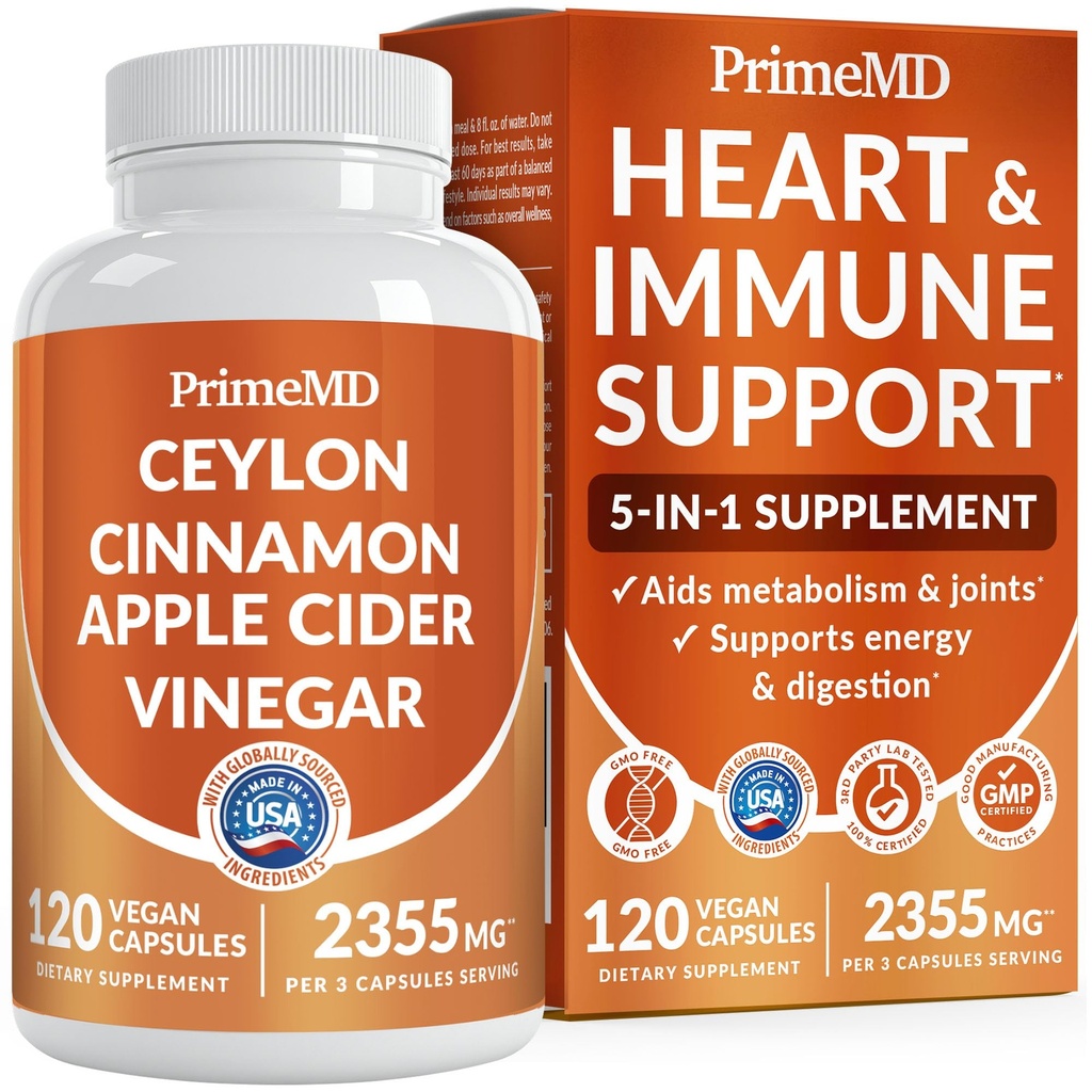 5-in-1 Ceylon Cinnamon קפסולות 2355 מ"ג - Ceylon Cinnamon ו- Apple Cider Vinegar עם Turmeric, Panax גינזנג, Cinnamon ו- Bioperine, 120 ctctct