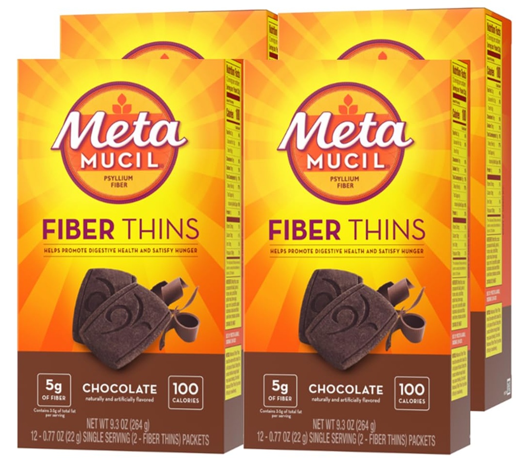Metamucil, Fiber Thins, Daily Psyllium Husk סיבים, תומך בבריאות העיכול ו Satisfies רעב, שוקולד פלאמור, 48 מנות שלמות (4 Packs of 12)