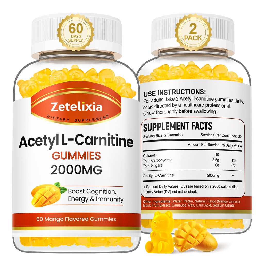 2 Pack Acetyl L-Carnitine Gummies, L-Carnitine תוסף עבור נשים וגברים, תוספי תזונה עבור Boost Energy, Immunity & Brain Health, טבעוני, non-GMO, מנגו, 120 הרוזן הרוזן