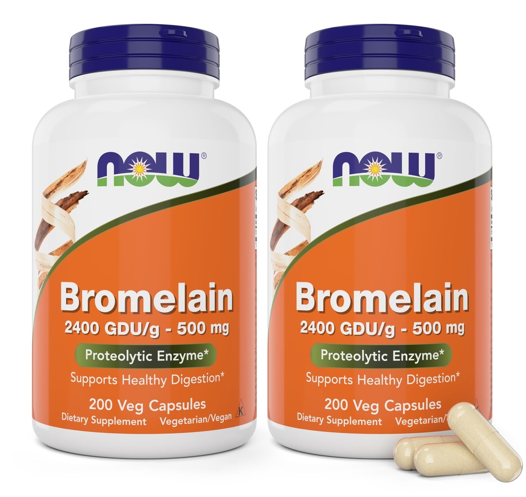 Now Bromelain 500 מ"ג, 200 קפסולות Veg (Pack of 2) תוסף - non-GMO, טבעוני 500 מ"ג קפקאות