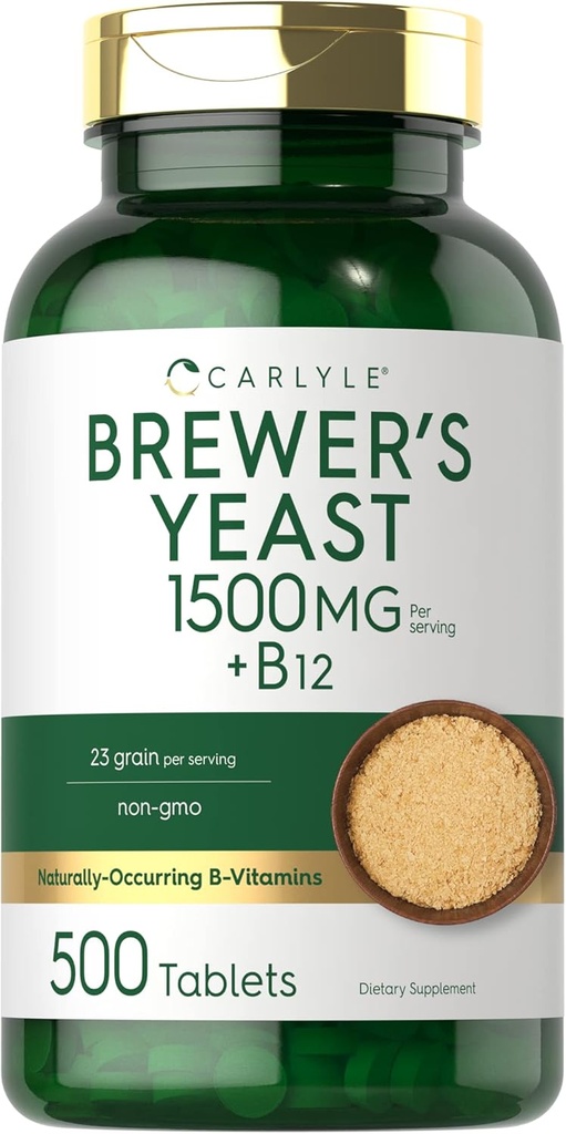Carlyle Brewers Yeast Tablet עם ויטמין B12 | 1500 מ"ג | 500 Count | Non-GMO & Vegetarian Supplement