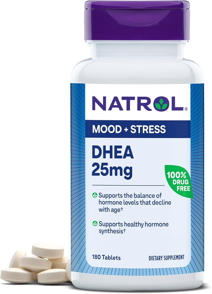 Natrol Mood & Stress DHEA 25 מ"ג עם Calcium, תוספת תזונתית לאזן של רמת הורמונים מסוימת ותמיכה Mood, 180 טבליות, 180 יום אספקה