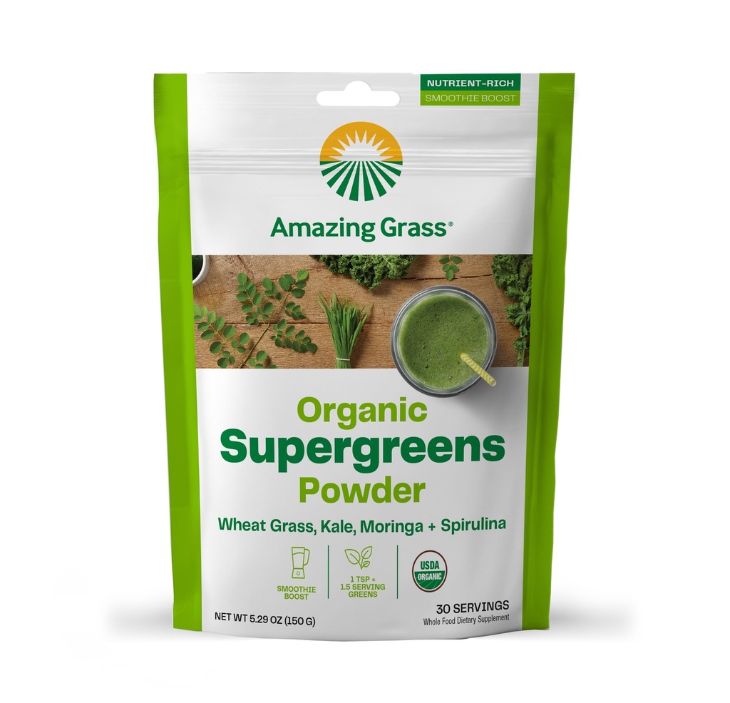 Grass Super Greens Booster: Greens אבקת Smoothie Mix with Spirulina, Moringa, חיטה Grass & Kale Smoothie Booster, Chlorophyll לספק ירוק, 30 משרתים