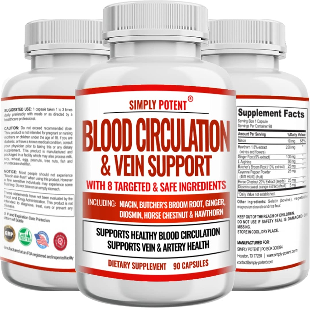 Blood Circulation & Vein Support Supplement, 90 Caps, Helps with Spider and Varicose Veins, Supports Vessels, Legiovascular Health with Niacin, ג'ינג'ר, קייאן פפר
