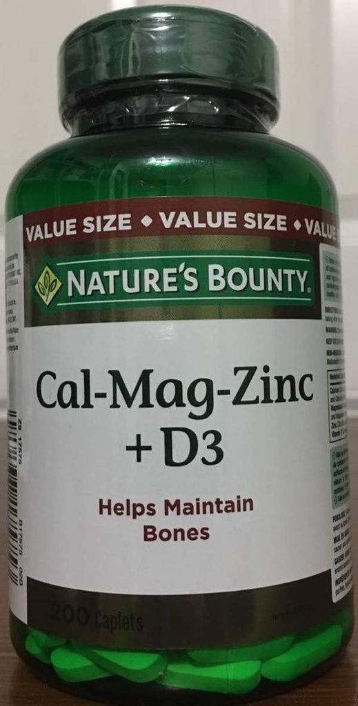 Nature's Bounty Calcium Magnesium Zinc עם ויטמין D3, 200 Caplets (Packaging May Vary)