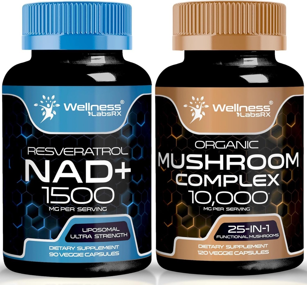 טוב LABSRX NAD תוסף, 1500 מ"ג - Liposomal NAD+ תוספת עם Resveratrol | תוספי מזון אורגני Mushroom - 10000 מ"ג - 25 ב 1 Mushroom Complex קפסולות
