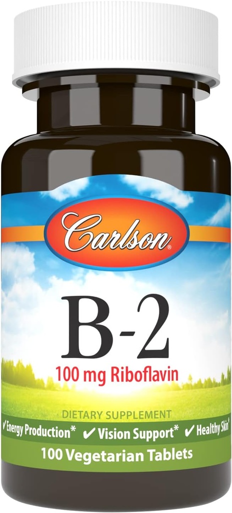 קרלסון - B-2, 100 מ"ג Riboflavin, ייצור אנרגיה, תמיכה בראייה ועור בריא, 100 טבליות צמחוניות