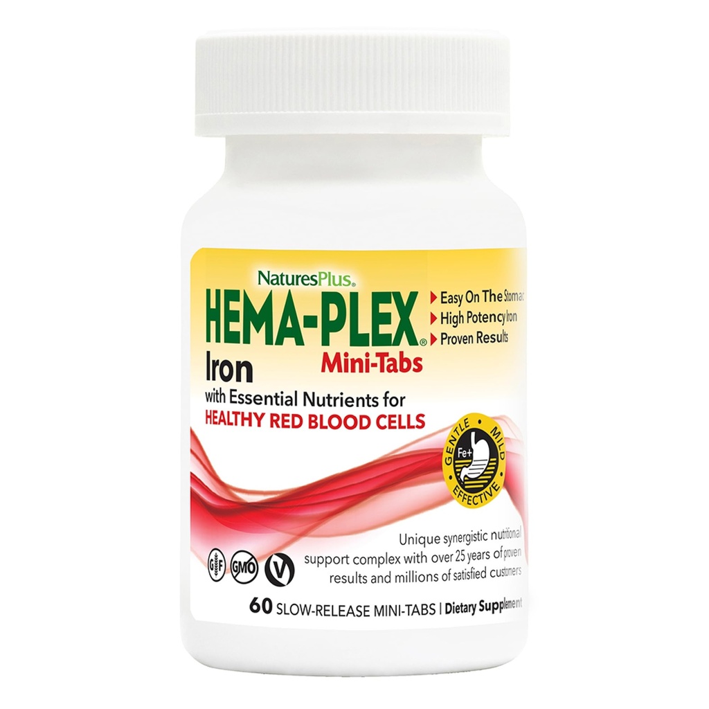 NaturesPlus Hema-Plex Iron - 60 Slow-Release Mini-Tabs - 2 Pack - 85 מ"ג Chelated Iron - Total Blood Health - עם C & Bioflavonoids - טבעוני, גלוטן חינם - 60 המשרתות הכוללות