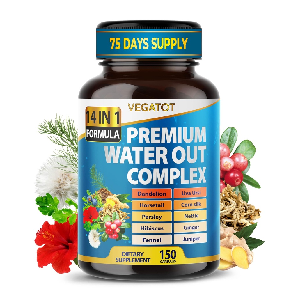 VEGATOT אורגני Water Out Complex - 14-in-1 פורמולה - עם Dandelion Uva Ursi סוס תירס Silk Parsley Nettle Hibiscus