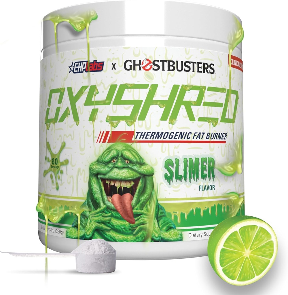 EHP LABS Ghostbusters Oxyshred Thermogenic Pre Workout אבקה & Shredted תוסף - אבקת Preworkout Pro קלינית עם Acetyl L Carnitine, Energy Boost Drink - Slimer Lime, 60 משרתים