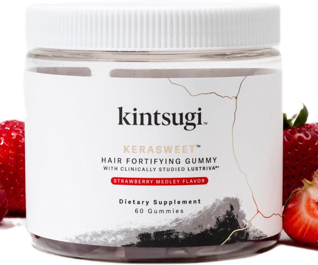 Kintsugi Kera Sweet Hair Fortifying Gummy- Help Combat Signs of Aging Hair, תוספת של חזק, Voluminous Strands - תמיכה בריאה, מלא יותר שיער w / B12, Saw Palmetto, ACV (Strawberry, 60ct)