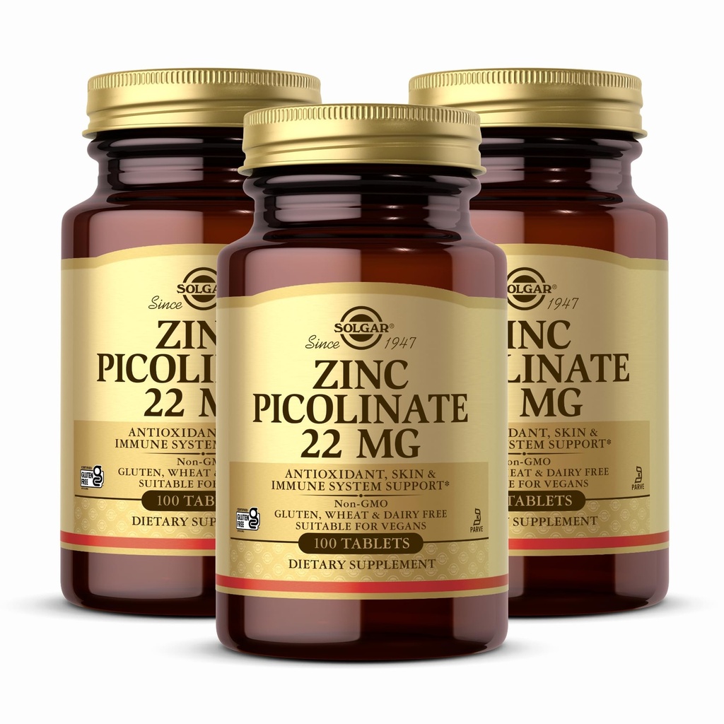 Solgar Zinc Picolinate 22 מ"ג, 100 טבליות (Pack of 3) - מקדם עור בריא - תומך במערכת החיסון, טעם וחזון נורמלי - אנטי-חמצן - Non-GMO, טבעוני, Gluten Free, כשר - 300 המשרתים Total משרתים
