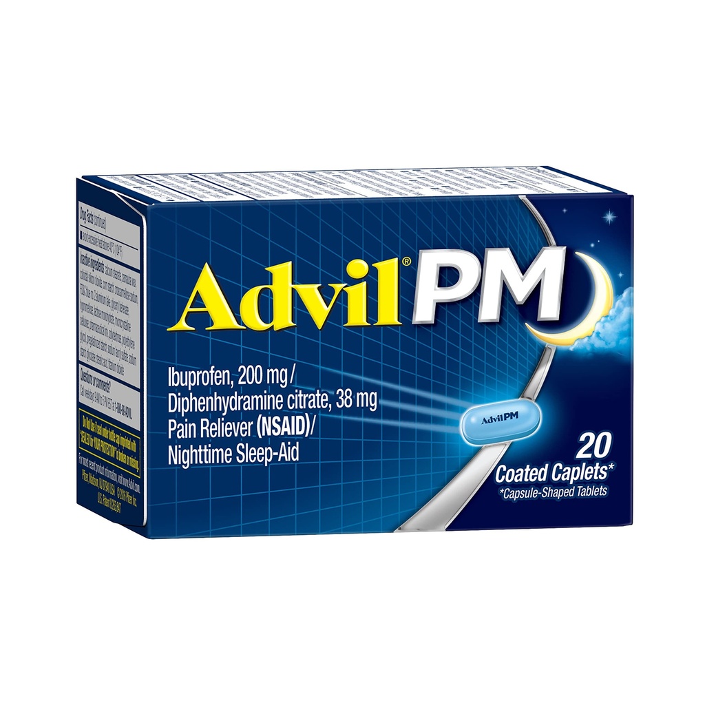 עו"ד (20 Count) Pain Reliever / Night Sleep Aid Coated Caplet, 200mg Ibuprofen, 38mg Diphenhydramine