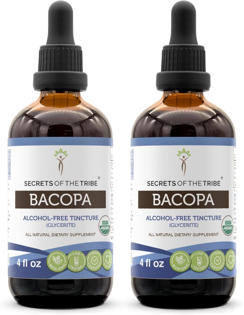 Bacopa USDA אורגני | Alcohol-FREE Extracts, High-Potency Herbal Drops, הירגעות, אפקט קוגניטיבי חיובי | עשוי מ-100% מוסמך אורגני Bacopa (Bacopa Monnieri) Dried Herb 2x4 oz