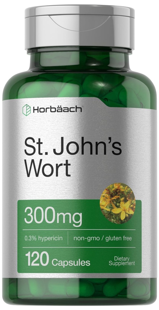 Horbäach St John's Wort כמוסות 300 מ"ג | 120 Count | Non-GMO, Gluten Free | Herbal Extract
