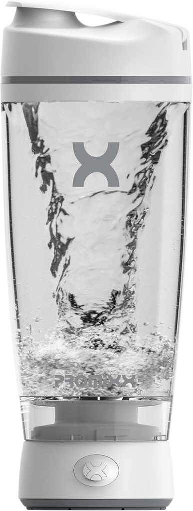 Promixx המקורי Shakerבק - סוללה מופעלת עבור שקיות חלבון Smooth - BPA חינם, 20oz גביע (לבן)