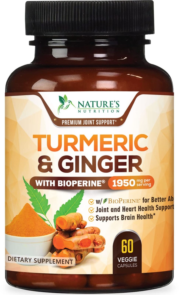 תוסף Turmeric Curcumin 1950mg - 95% Curcuminoids עם אורגני Turmeric & ג'ינג'ר, BioPerine Black Pepper עבור הטוב ביותר Absorption, התמיכה המשותפת של הטבע, Non-GMO, בבקבוק בארה"ב - 60 קפסולות