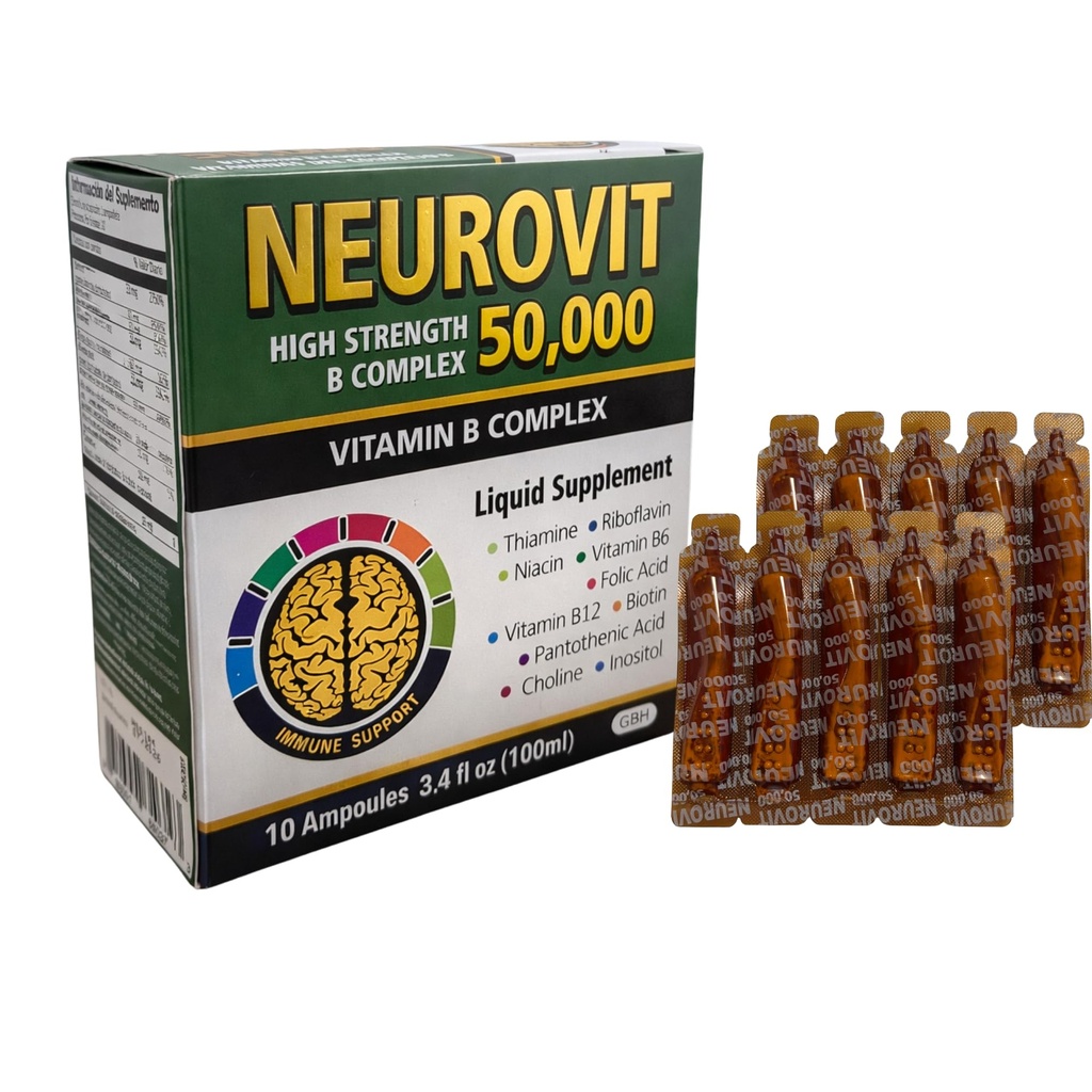 50,000 ויטמין B Complex נוזל תוסף, Brain & Nervous System חיזוק, 10 Ampoules, 3.4 floz (100 מ"ל), קיצור מהיר, non-GMO, Gluten-Free