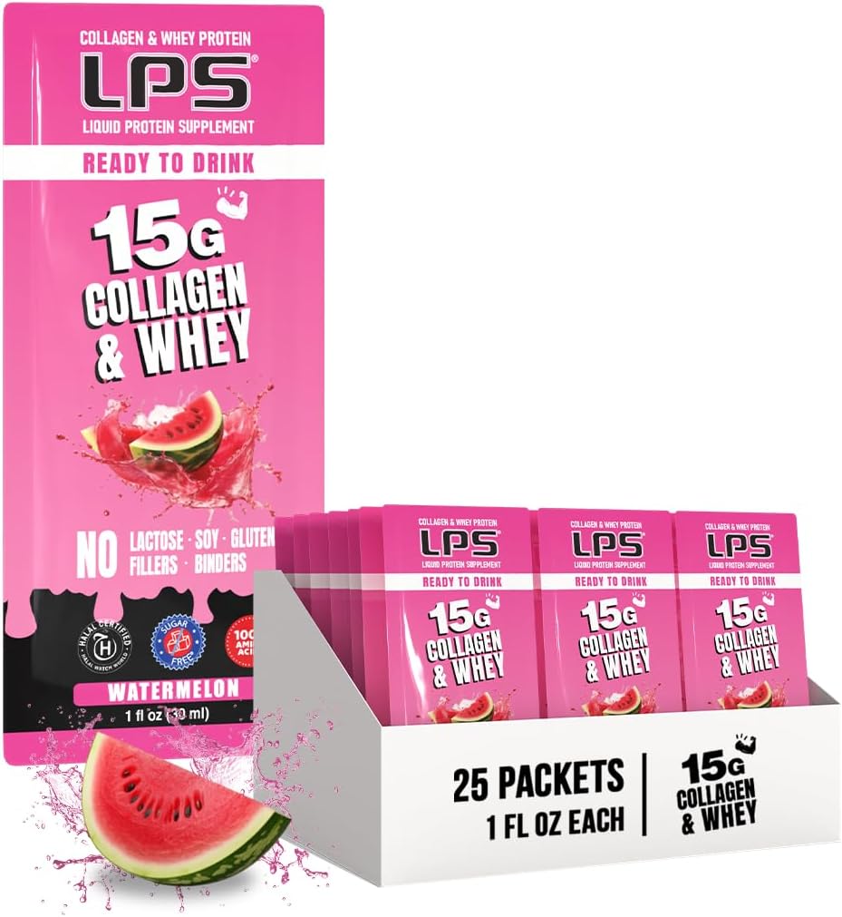 LPS נוזל Collagen & Whey חלבון תוספת - משקה non-GMO, סוכר חינם - מקדם עור בריא שיער לגברים ונשים, Watermelon, Single Serve (50 Packets)