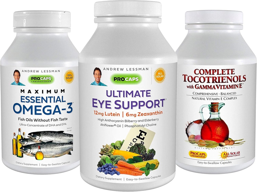 ANDREW LESSMAN 3 Product Eye Bundle - 360 Softgels Every of Ultimate Eye Support, מקסימום אומגה 3 ו-tocotrienols. קידום ותמיכה בבריאות העיניים
