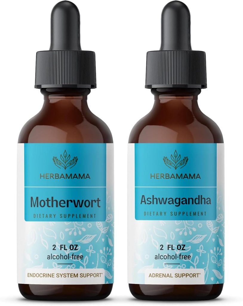 HerBAMAMA Herbal Liquid טיפות Kit - Bundle of Motherwort Extract & Ashwagandha Tincture 2 fl oz - טבעוני, non-GMO, Sugar & אלכוהול חינם - 2 Pack