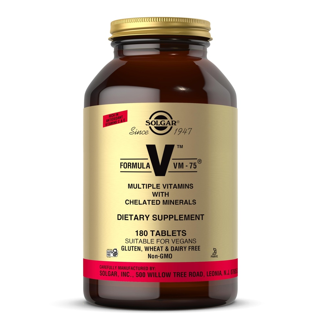 Solgar פורמולה VM-75, 180 טבליות - Multivitamin with Chelated מינרלים - ויטמין A, B6, B12, B12, C, D, E - Biotin, Magnesium, Calcium, Iron, Zinc - טבעוני, Gluten Free, Milk, Free, Free, Kosher - 180 משרתים