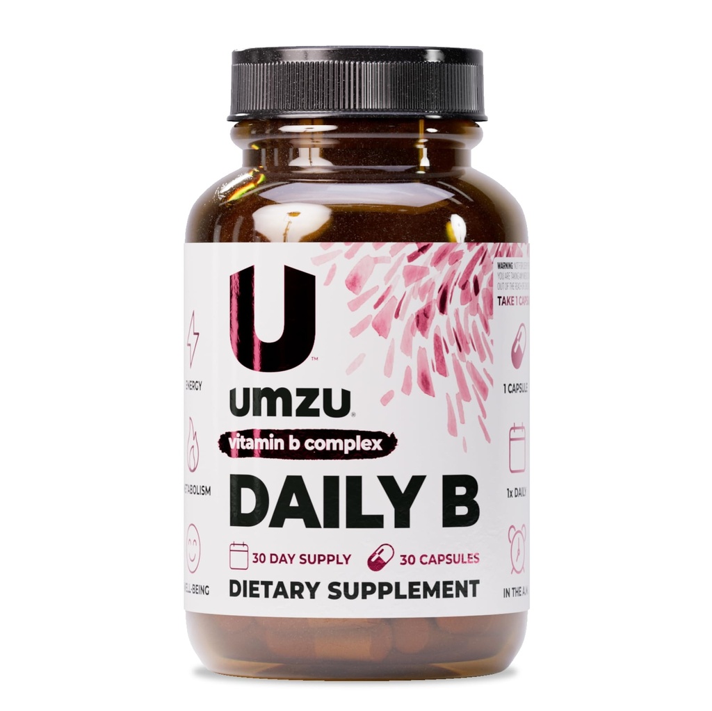 UMZU Daily B | 100% שלם ויטמין B מורכב עם B1, B2, B3, B5, B6, B7, B9 & B12 עם Folic Acid | תומך ביצור אנרגיה טבעית & Cognitive Well (30 יום אספקה | 30 קפסולות)