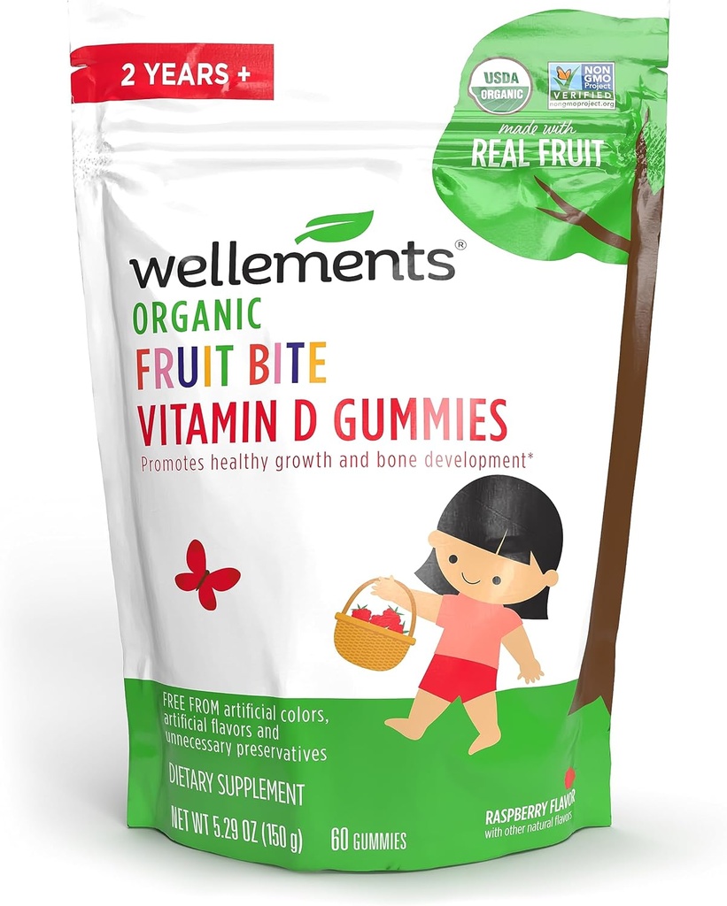Wellements אורגני פירות Bite ויטמין D Gummies | ויטמין D3 Gummy לילדים, תוספת לצמיחה בריאה ופיתוח העצם *, Raspberry Flavor | 60 יום אספקת, ימי 2+ +