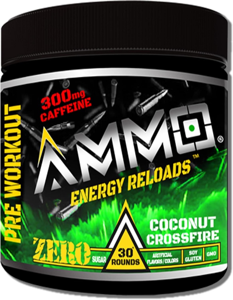AmMO ® Energy ReloadsTM Pre Workout אבקת - 300 מ"ג Caffeine Zero Sugar Vital Aminos ו- Electrolytes No Artificial Flavors or Colors (Coconut Crossfire)