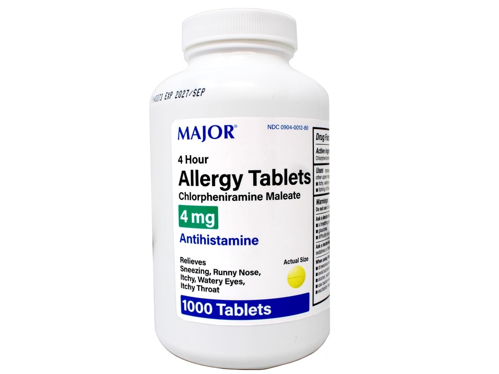 טבליות אלרגיה גדולות, Chlorpheniramine זכרate 4 מ"ג, Antihistamine 4 Hour, 1000 Tablet