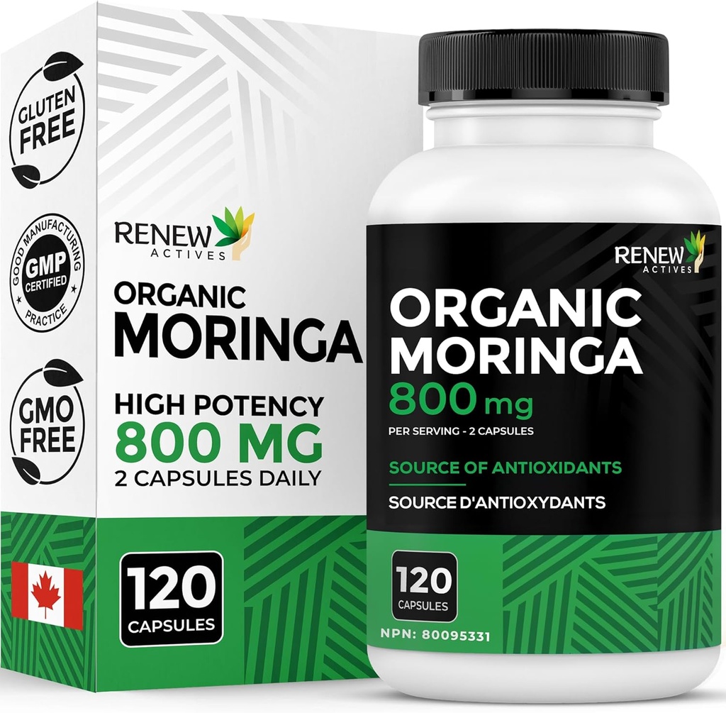 Renew Actives Moringa Leaf תוסף 800MG לכל 2 קפסולות אנטי-חמצן-Rich Moringa Oleifera - מקדם בריאות טובה ובריאות - Easy to Swallow - Made in Canada - 120 קפסולות